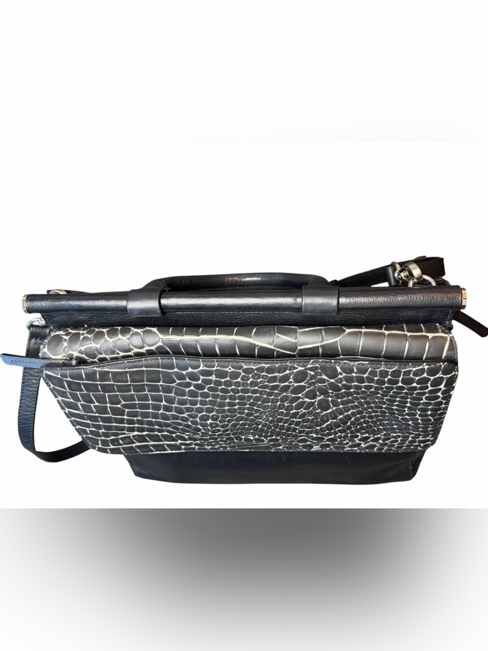 Black Leather Shoulder Bag with Grey Croc-Embossed Flap - Picture 7 of 15